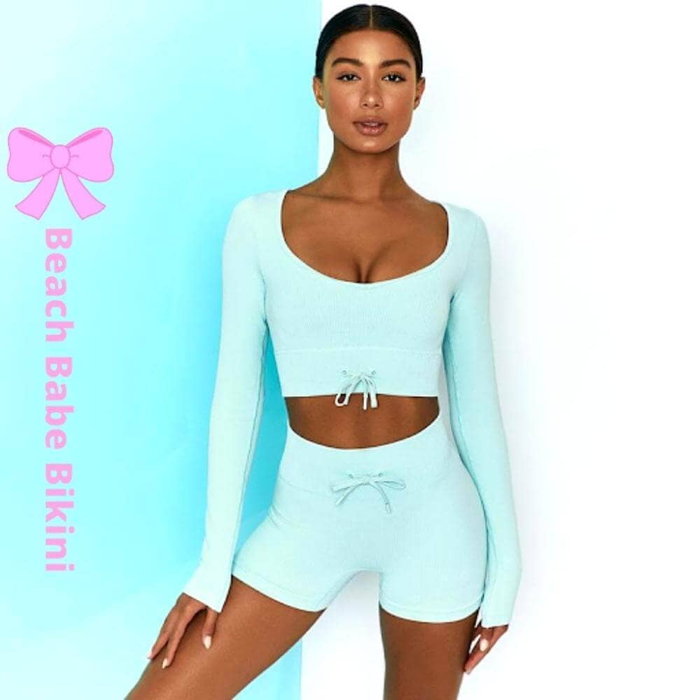Blue Long Sleeve Fitness Shorts Set 