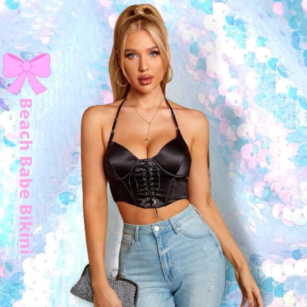 Satin Tie Front Corset Top - Black