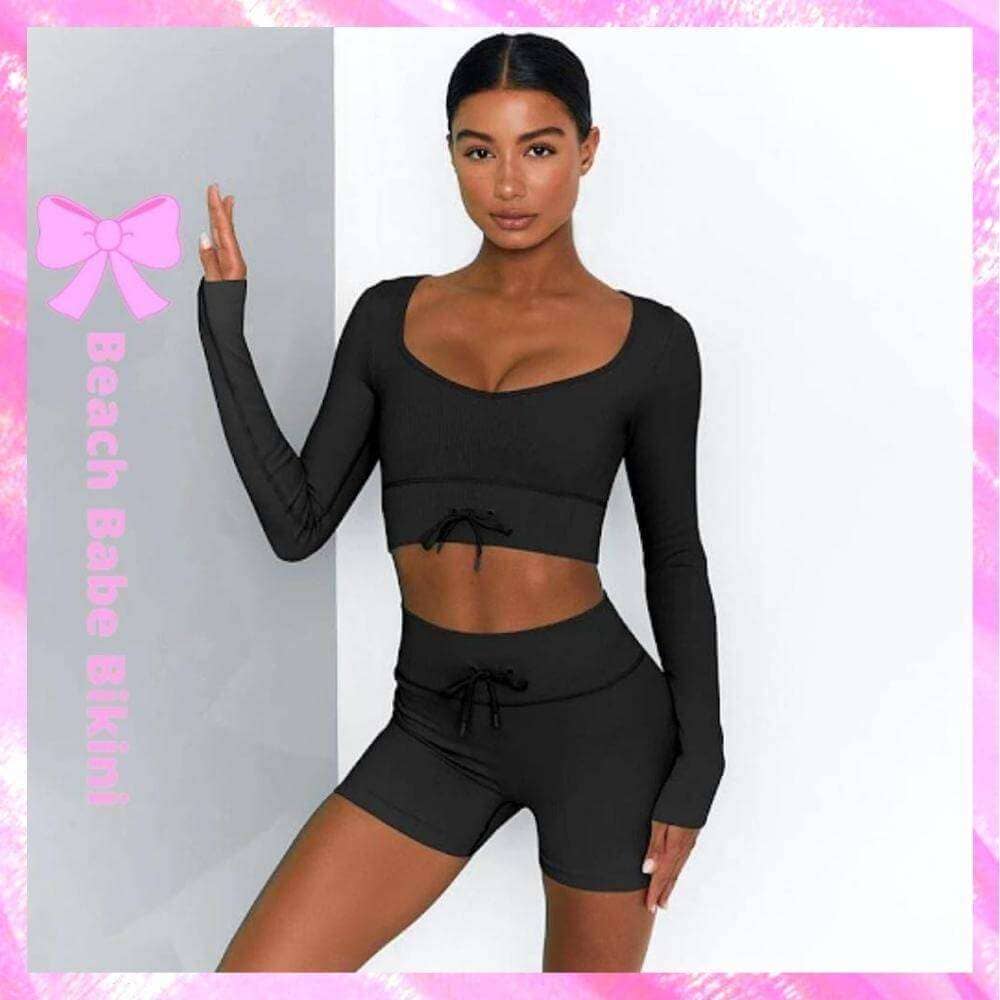 Black Long Sleeve Fitness Shorts Set