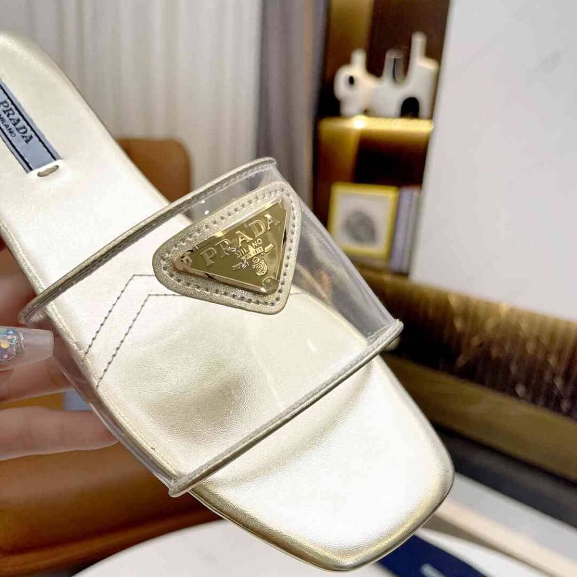 Prada Lacquer Slip On Flat Sandals Gold