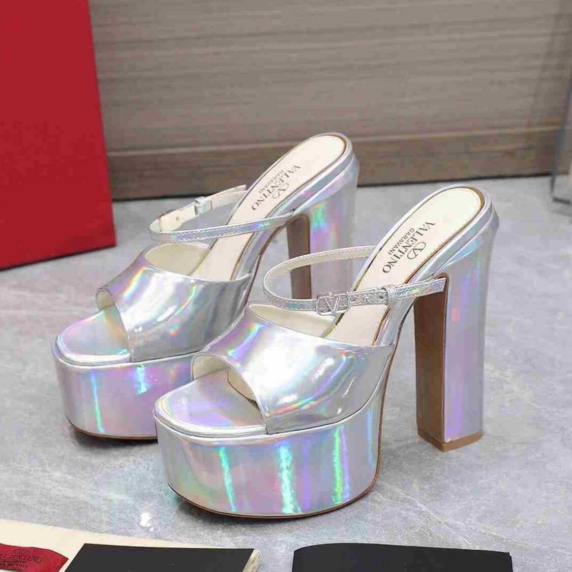 Valentino Platform Heel Sandals Holo Silver