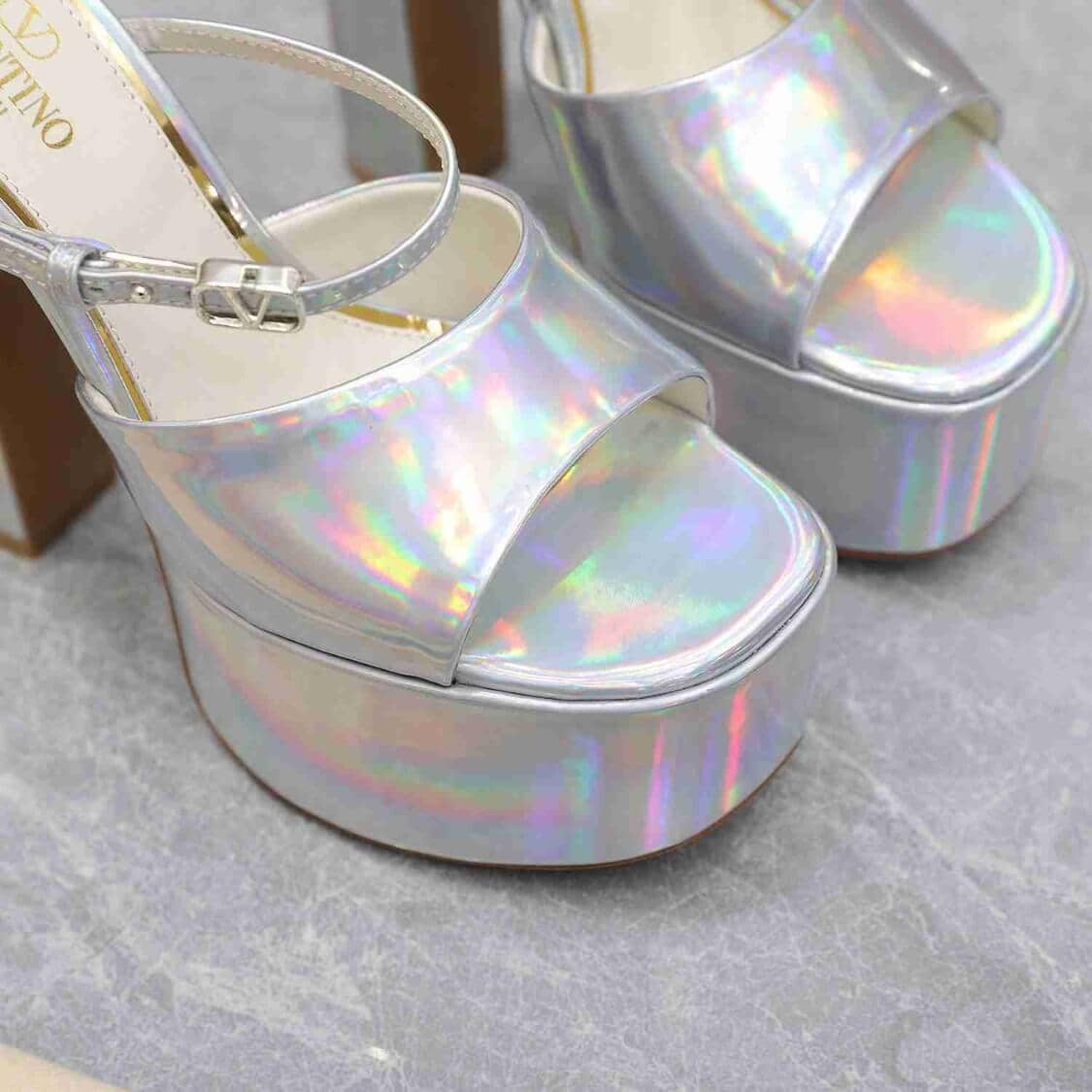 Valentino Platform Heel Sandals Holo Silver