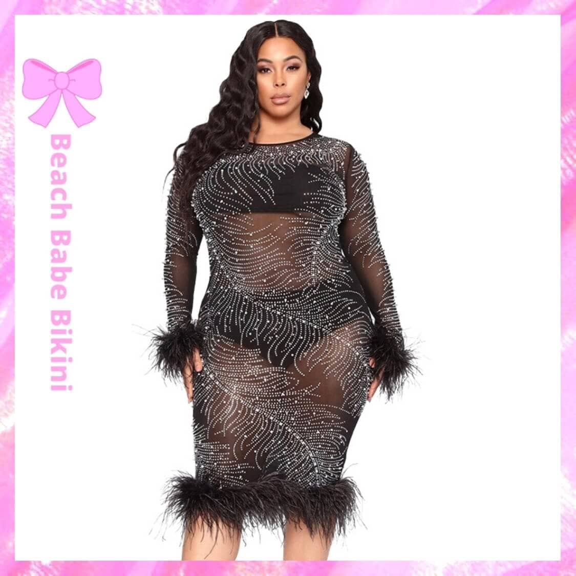 Plus Size Sheer Diamonique Feather Midi Dress