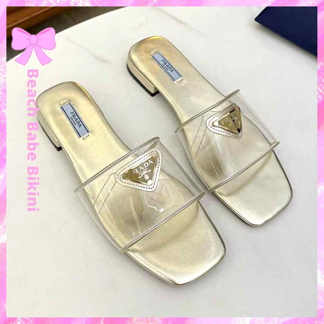 Prada Lacquer Slip On Flat Sandals Gold