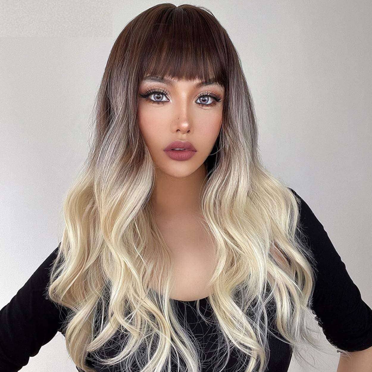 Medium Brown With Platinum Blond Wig With Bangs