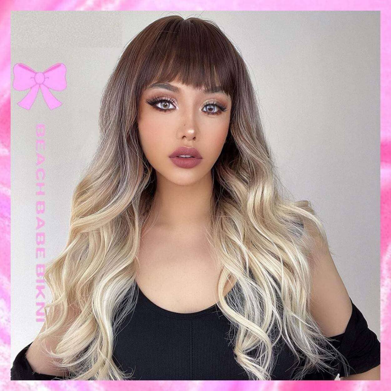 Medium Brown With Platinum Blond Wig With Bangs