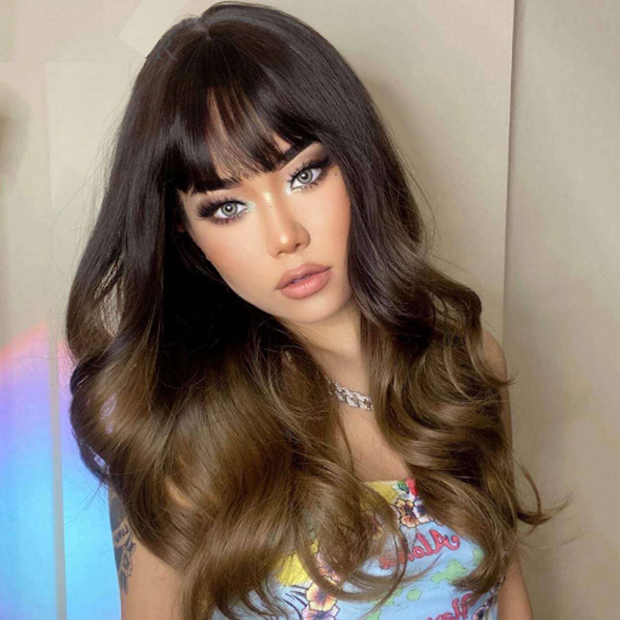 Ombre' Golden Brown Wig With Bangs