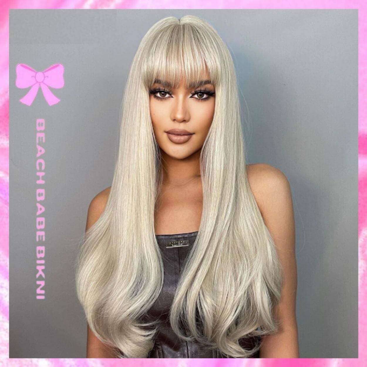 Long Platinum Blond Full Wig With Bangs